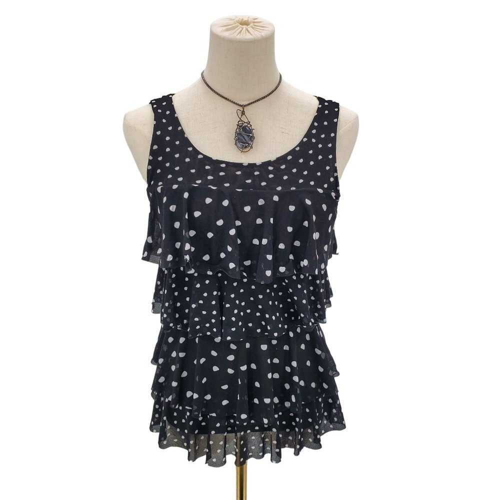 White House Black Market Polka Dot Ruffle Blouse Size‎ XS Sleeveless Black White